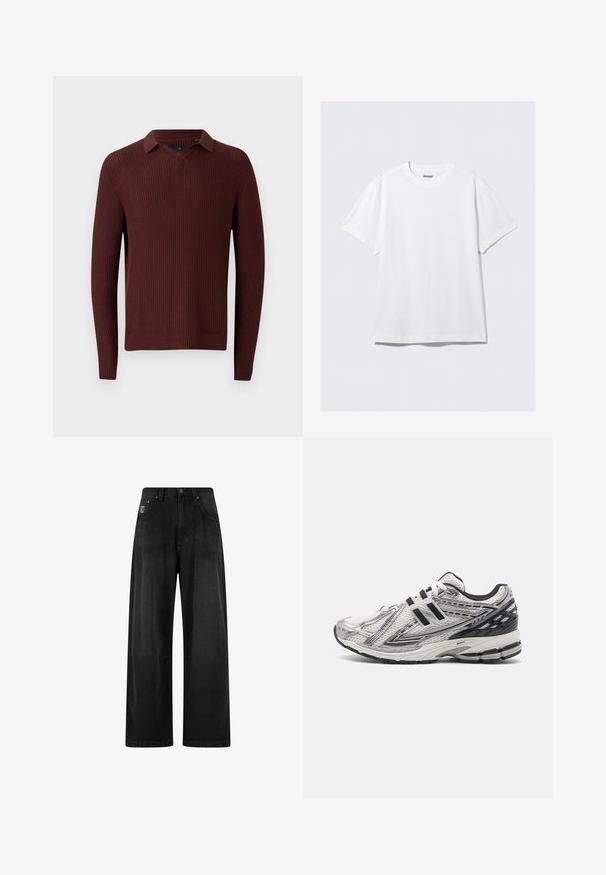 Brauner strukturierter Strickpullover mit Kragen, v-Ausschnitt, langen Ärmeln sowie gerippten Bündchen und Saum.; Weißes T-Shirt mit kurzen Ärmeln aus weicher Baumwolle. Es hat einen Rundhalsausschnitt und eine lockere Passform, mit einer glatten Textur und einem klaren, schlichten Design.; weite schwarze Denim-Hosen mit hoher Taille, ausgestattet mit vier Taschen und einem kleinen Logosticker auf der Vorderseite. Glatte Textur, schlichtes Design.; Herren-Laufschuhe aus weißem Mesh mit schwarzen Akzenten, ausgestattet mit einer gepolsterten Sohle, schnürbarem Design und einer strukturierten Oberfläche für besseren Halt.