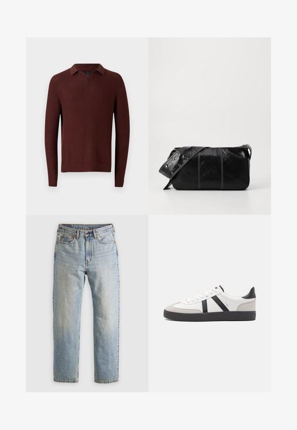 Pulover tricotat cu textură maro, cu guler, având un design în formă de V, mâneci lungi și manșete și tiv ondulat.; Jeans din denim de culoare albastru deschis, cu talie înaltă, nasture frontal, fermoar și design cu cinci buzunare, așezate platesc pe un fundal neutru.; Sneaker alb cu accente negre și gri, având un capac de vârf gri texturat, talpă din cauciuc negru și șireturi plate albe. Design elegant, stil minimalist.; Geantă de umăr din piele neagră cu închidere cu fermoar, având un corp texturat, cusături albe și o curea cu ochiuri argintii.