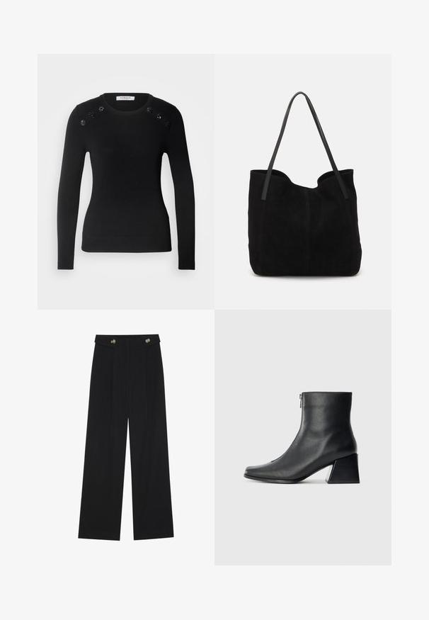 Černý svetr s dlouhými rukávy, kulatým výstřihem, žebrovaným spodním lemem a zdobenými detaily na ramenou, které mají černé dekorativní akcenty. Měkký pletený materiál.; Černé široké kalhoty s vysokým pasem, detailní knoflíky na pase a přední záhyby.; Černá kožená kotníková bota se čtveratým špičkou, bočním zipem a blokovým podpatkem na jednobarevném světlem pozadí.; Černá semišová taška přes rameno s dvěma dlouhými plochými koženými popruhy. Má zakřivený horní okraj a viditelné švy na přední straně. Bez kovových doplňků.