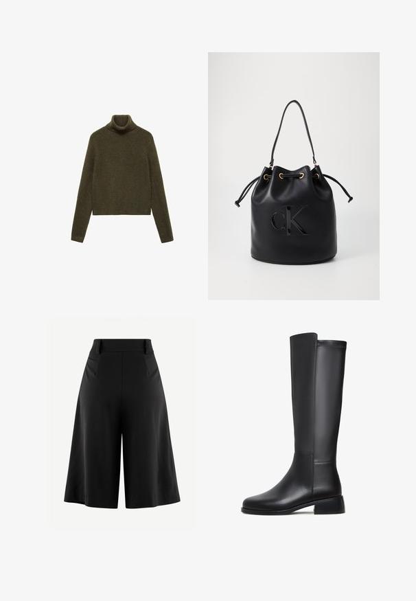 Světle olivově zelený rolák ze měkké, texturované tkaniny. Má dlouhé rukávy a zkrácený střih s ribbovaným límcem.; Černé široké kalhoty s plisé vpředu, vysokým pasem a hladkou texturou látky. Vyznačují se čistým, minimalistickým designem bez viditelného kovového prvku.; Černá kožená vysoká bota s hladkým povrchem, zaoblenou špičkou, nízkým blokovým podpatkem a jemným prošíváním po straně.; Černá kožená kabela ve tvaru kyblíku s utažením na šňůru, s lesklým logem "CK" na přední straně a zlatými kovovými detaily.