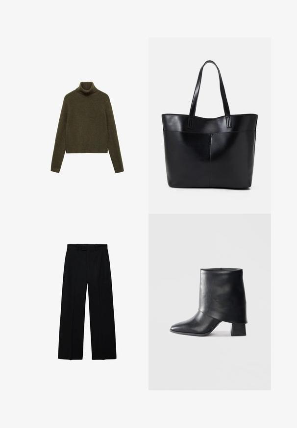 Olivgrüner Rollkragenpullover aus einem weichen, strukturierten Stoff. Mit langen Ärmeln und einem cropped Design sowie einem gerippten Kragen.; Schwarze hochtaillierte Weitbeinhosen mit Gürtelschlaufen und seitlichen Taschen, ausgestattet mit einem Reißverschluss und Knopfverschluss vorne.; Schwarze Lederstiefelette mit spitzer Zehenform, glatter Oberfläche und strukturiertem Blockabsatz. Mit einem hohen, gefalteten Schaftdesign.; Schwarze Leder-Shopper-Tasche mit zwei langen Griffen, einer glatten Textur und einer strukturierten Form. Verfügt über eine Vordertasche für zusätzlichen Stauraum.
