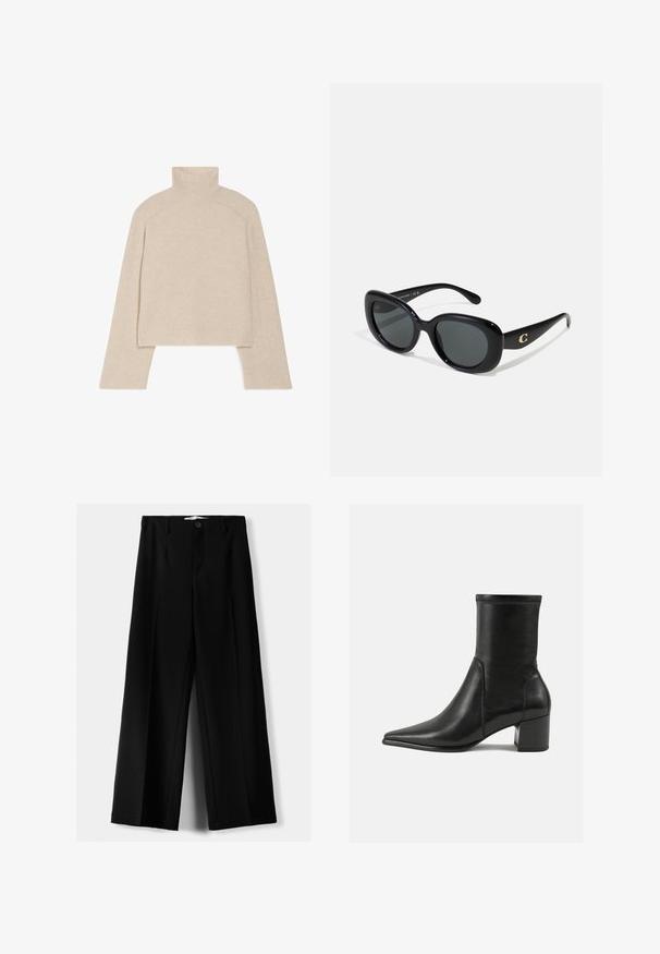 Bežani rebrasti pulover s rolkragnom, dugim rukavima i prilagođenim krojem, koji sadrži visoki ovratnik i teksturirani pleteni uzorak.; Crne široke hlače izrađene od lagane tkanine, s prednjim zatvaranjem na dugme i ravnim prednjim dijelom, sa uredno šivenim rubovima.; Crne gležnjače od glatke kože, s šiljastim prstom, blok petom i izraženim uvećanim šavom na gornjem rubu.; Crne sunčane naočale s okruglim lećama, sjajni plastični okvir i zlatni logo na drškama. Tamne leće pružaju UV zaštitu.; Crna torbica od lakirane kože s zakrivljenim oblikom, podesivim remenom i detaljem od zlatnog metala sa strane. Glatka, sjajna tekstura.