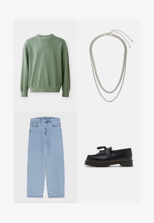 Grön crew neck sweatshirt med ribbade muddar och nederkant, tillverkad av mjukt, texturerat tyg. Enkelt design utan mönster eller detaljer.; Ljusblå denimjeans med rak bendesign, midjehög midja, fem fickor samt knapp- och dragkedjestängning.; Svart läderloafer med en tofsdetalj, med en kraftig svart sula och gul söm längs kanten. Strukturerad yta.; Tre-lager silvermetallhalsband med eleganta, flexibla kedjor med en svag glans, säkrad med ett kräftklämma och justerbar kedja.