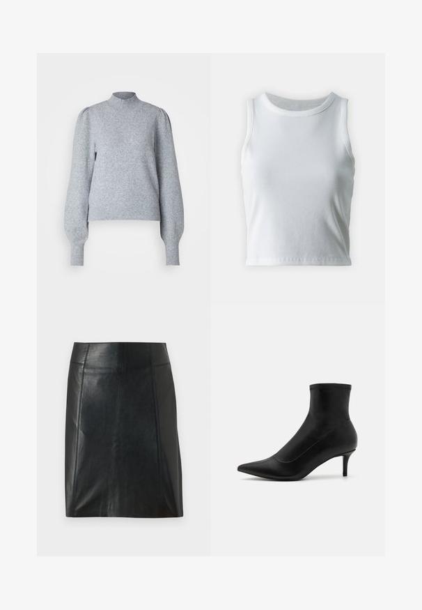 Lichtgrijze pullovertrui met een hoge hals, lange, volumineuze mouwen en geribbelde manchetten en zoom. Gemaakt van zachte, gestructureerde stof.; Witte geribde tanktop met een ronde halslijn en mouwloos ontwerp, voorzien van een rechte zoom en een gladde, rekbare textuur.; Zwarte leren rok met een getailleerd ontwerp. Gladde textuur, naden die de vorm accentueren en een rechte zoom. Minimalistische en elegante uitstraling.; Zwarte enkellaarsjes van glad leer met een puntige neus en een korte, dunne hak. Heeft een naadloos ontwerp en subtiele stiksels.