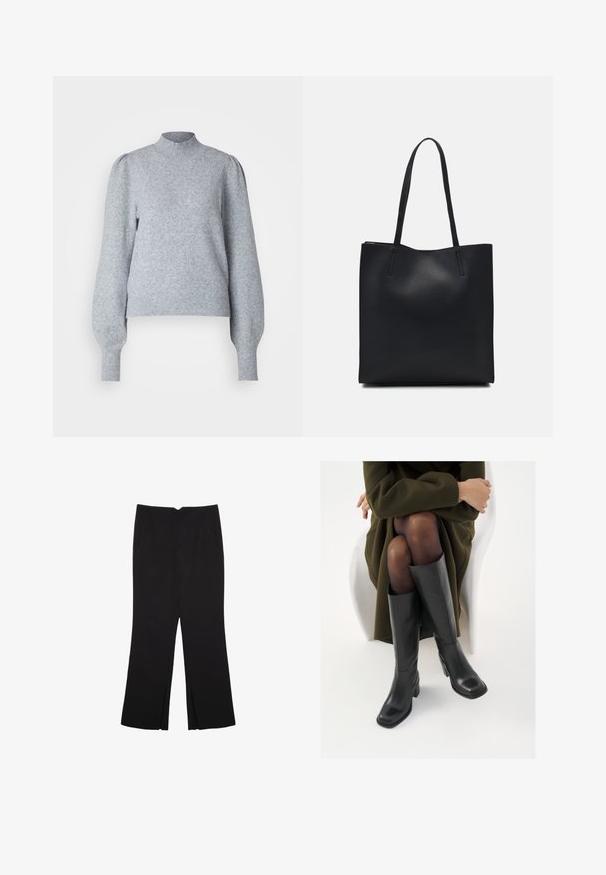 Maglione grigio chiaro con collo alto, maniche a sbuffo lunghe e polsini e orlo a costine. Realizzato in un morbido tessuto testurizzato.; Pantaloni neri a gamba dritta, con tasche frontali e spacchi laterali all'orlo. Realizzati in tessuto morbido e liscio. Adatti a diverse occasioni.; Stivali neri in pelle alti fino al ginocchio con punta squadrata e tacco a blocco, mostrati con un modello seduto in un cappotto verde oliva. Texture liscia, dettagli minimi.; Borsa tote in pelle nera con texture liscia, forma rettangolare e due manici lunghi. Nessun hardware o decorazione visibile.