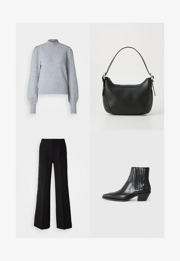 Világosszürke pulóver hosszú puffos ujjakra, magas nyakra, bordás mandzsettákkal és szegéllyel. Puha, struktúrált anyagból készült.; Fekete nadrág sima anyagból, magas derekú, bőszárú szabással, és két elülső pliszével a dizájn részletessége érdekében.; Fekete bőr bokacsizma hegyes orral, elasztikus oldalsó panelekkel, amelyek függőleges bemetszésekkel rendelkeznek, és alacsony blokk sarkú. Sima textúrájú és elegáns dizájn.; Fekete bőr kézitáska ívelt formával, ezüst cipzárral és rövid fogantyúval. Az elején diszkrét logó található, és sima tapintású.
