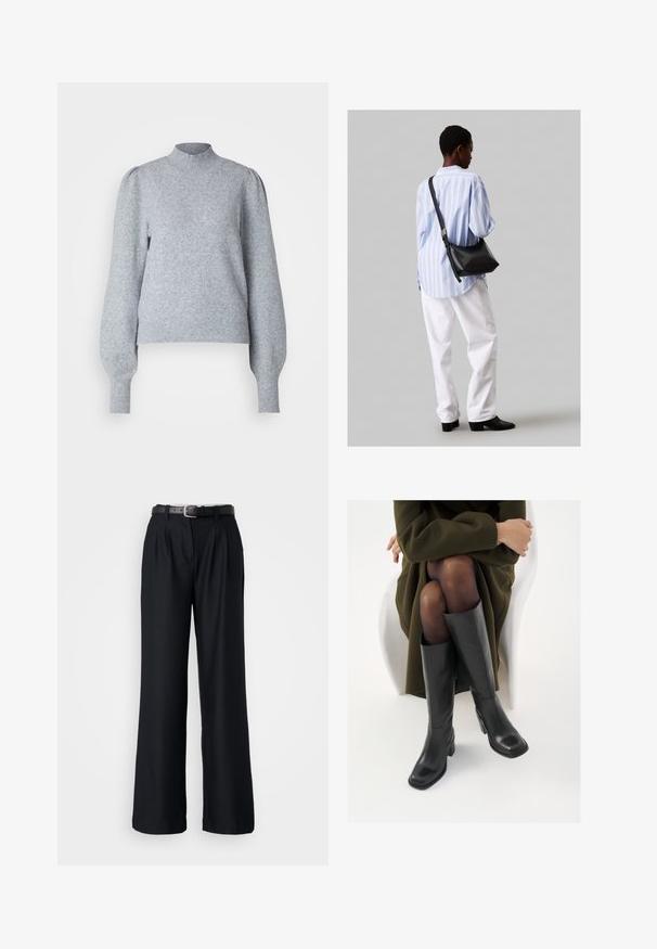 Pulover gri deschis cu guler înalt, mâneci lungi tip balon și manșete și tiv cu nervuri. Fabricat dintr-un material moale, texturat.; Pantaloni largi negri, confecționați dintr-un material neted, având pliseuri frontale și o curea neagră asortată cu o cataramă din argint.; Cizme din piele neagră, până la genunchi, cu vârf pătrat și toc bloc, prezentate pe un model așezat într-o haină verde măsline. Textură netedă, detalii minime.; Geantă de umăr din piele neagră cu o textură moale, formă triunghiulară și curea ajustabilă, asortată cu o bluză cu dungi albastre deschise și pantaloni albi.