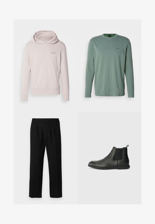 Moletom rosa claro da Calvin Klein, feito de um tecido suave, apresentando um capuz espaçoso, mangas longas e um pequeno logotipo no peito.; T-shirt de manga longa verde clara, feita de tecido suave. Apresenta um decote redondo e um pequeno logótipo "BOSS" bordado no peito.; Calças pretas feitas de um tecido suave, com um cós elástico, design de perna reta e dois pregues frontais para um detalhe adicional.; Botas de cano baixo em couro preto com uma textura suave, painéis laterais elásticos e uma aba na parte de trás. Bico arredondado e sola de borracha.
