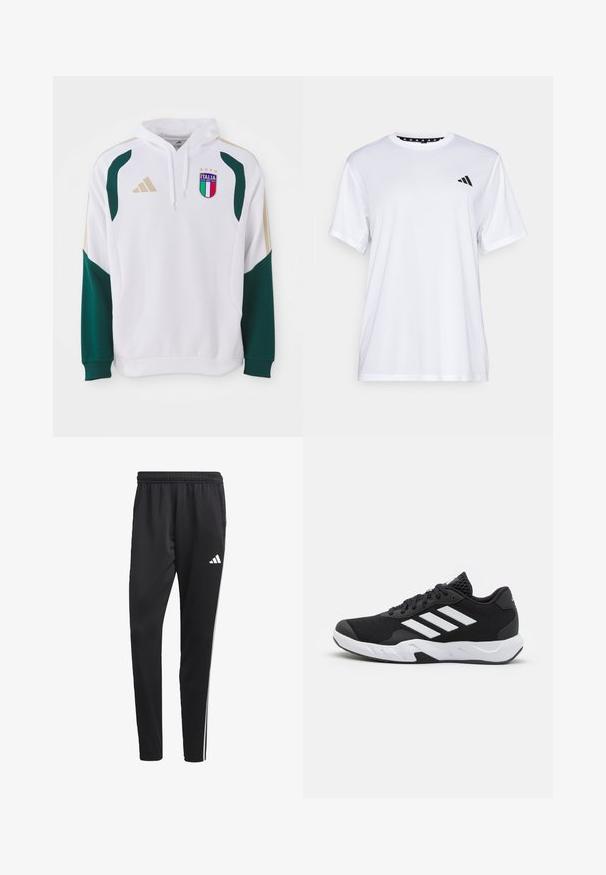Bijela dukserica s zelenim i zlatnim detaljima, s rebrastim rukavima, kangaroo džepom i grbom "Italia" na prsima.; Bijela atletska majica kratkih rukava, napravljena od tkanine koja upija vlagu. Ima crni logo na lijevoj strani prsiju i uzorčeni unutarnji obrub dekoltea.; Crne atletske hlače s rastezljivim pojasom, bijelim bočnim trakama i malim bijelim logom na bedru. Izrađene su od glatkog, laganog materijala.; Crne atletske cipele s teksturiranim mrežastim gornjim dijelom, bijelim naglasnim trakama, podstavljenim potplatom i ojačanim petom za podršku.