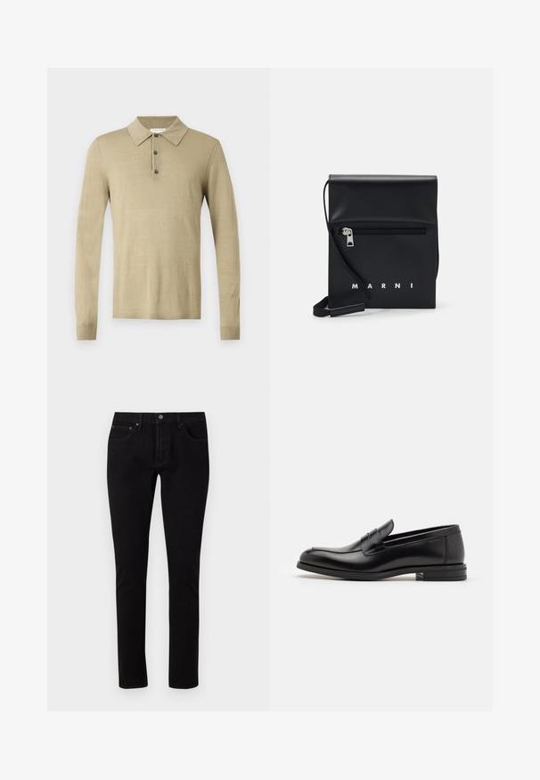 Tiger of Sweden EROSS - Stickad tröja - granite green; Svarta denimjeans med slim fit, med en standard midja, fem fickor och metalldetaljer. Slät, något stretchig textur.; Svarta läderloafers med en slät yta, rund tå och ett dekorativt band över främre delen. Låg staplad klack, minimalistisk design.; Svart läder crossbody-väska med en ficka med dragkedja på framsidan, präglad logotyp och justerbar rem. Slät textur med en strukturerad form.