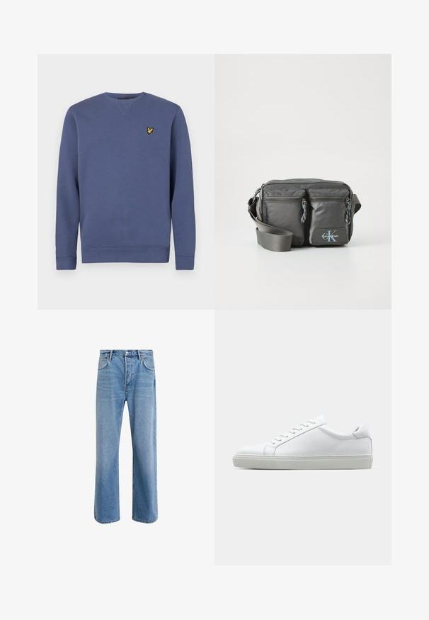Blue sweatshirt with a round neckline, long sleeves, ribbed cuffs, and a small yellow logo on the left chest. Soft cotton material.; Light blue denim jeans with a straight-leg design, five pockets, button closure, minimal fading, and contrasting stitching details.; White sneaker with a smooth leather upper and a low profile. Features a rounded toe, six eyelets, and a textured rubber sole.; Gray nylon crossbody bag with two zippered front pockets, adjustable strap, and logo accent. Smooth texture with a modern design.
