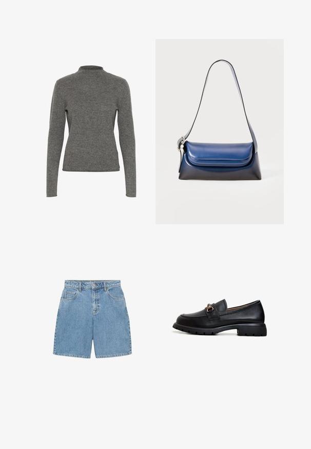 Grijze trui van zachte stof; heeft een hoge hals en lange mouwen met een slim fit. Gladde textuur en minimalistisch ontwerp.; Lichtblauwe denim shorts met een hoge taille, vier zakken en zichtbare stiksels. Gemaakt van gestructureerde denimstof.; Zwarte leren loafer met een ronde neus, decoratieve gouden hardware en een stevige rubberen zool met een geprofileerd grippatroon.; Marineblauwe leren handtas met een gladde afwerking, met een ronde vorm, gevouwen bovenkant en een enkele schouderband. Inclusief zilveren accenten.; Drie haarscrunchies: één van zwarte stof, één van witte stof en één zwart met een textuurpatroon in zilver en randen. Zacht, gelijkmatig ontwerp.