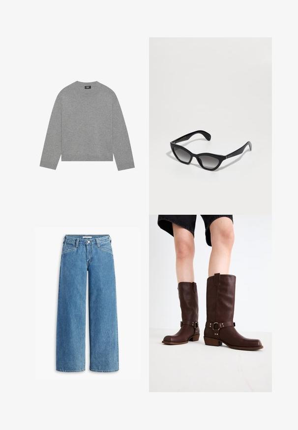 Sweater cinza tricotado com mangas longas, decote redondo e bainha canelada. Feito de material suave, apresenta um design minimalista sem padrões.; Jeans de linho azul claro, de perna larga, com cintura alta, cinco bolsos e um fecho clássico com botão. Corte reto desde a coxa até a bainha.; Botas castanhas de couro até ao joelho, com biqueira arredondada, superfície texturizada, strap no tornozelo e detalhes em metal prateado; salto empilhado.; Óculos de sol estilo gato preto com lentes gradientes cinzentas, feitos de plástico, apresentando uma marcação dourada nas hastes e um acabamento liso e brilhante.