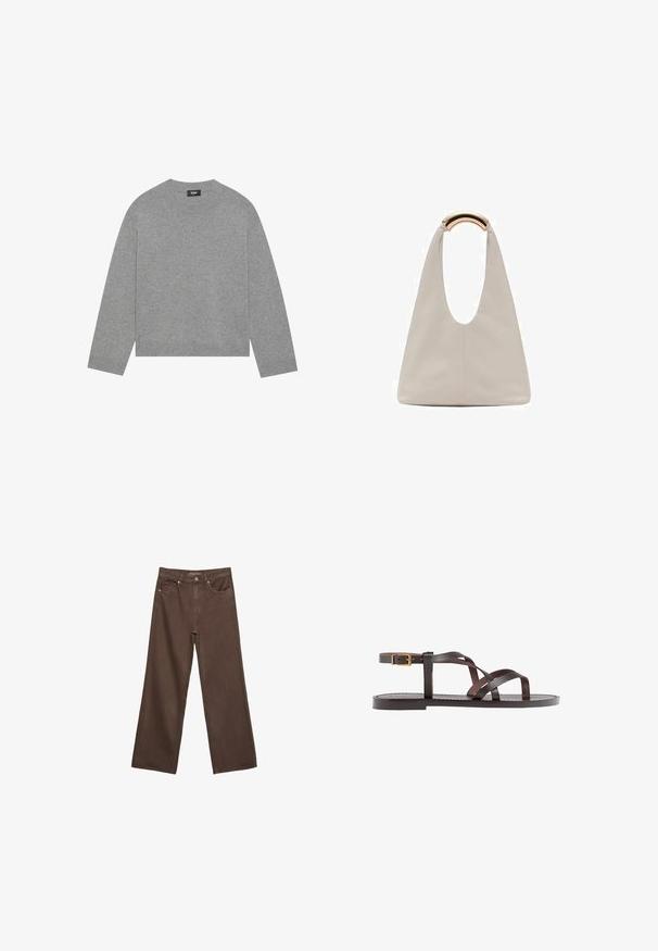 Sivi pleteni pulover s dugim rukavima, okruglim izrezom i rebrastim rubom. Izrađen od mekog materijala, s minimalnim dizajnom bez uzoraka.; Proširene smeđe traperice od denima, s visokim strukom, prednjim džepovima i klasičnom kopčom na dugme. Glatka tekstura s suptilnim šavovima.; Smeđe kožne sandale s iskrižanim trakama, umetkom za zapešće s kopčanjem i ravnim potplatom s minimalnim detaljima šivanja.; Svijetlosivi kožni torba s oblikom u slovo U i zakrivljenim metalnim drškom. Glatka tekstura s minimalnim šavovima i bez vidljivih uzoraka.