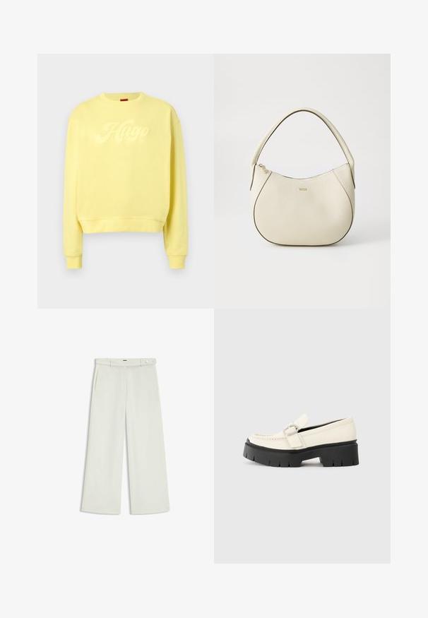 Felpa gialla con scollo rotondo, spalle basse e logo "Hugo" in rilievo sulla parte anteriore. Tessuto morbido con vestibilità comoda.; Pantaloni a gamba larga in tessuto crema chiaro, dotati di tasche laterali, frontale liscio e chiusura a un bottone in vita. Texture morbida.; Mocassino in pelle bianca con suola platform nera chunky, caratterizzato da una fibbia rettangolare argentata e dettagli di cucitura visibili sulla parte superiore.; Borsa color crema con una finitura testurizzata, forma curva, manico corto e dettaglio del logo in tonalità oro. Chiusura con zip nella parte superiore.
