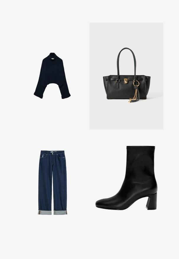 Maglione a collo alto ribbed navy con design cropped e maniche ampie, caratterizzato da un colletto arrotolato e polsini piegati. Texture morbida.; Jeans in denim blu scuro con un design a gamba dritta, orli ripiegati, cuciture a vista e uno stile classico a cinque tasche.; Stivaletto nero fino alla caviglia in pelle liscia. Presenta una punta quadrata, un bordo elastico e un tacco robusto per la stabilità. Design minimalista.; Borsa a mano in pelle nera con doppi manici, lucchetto dorato e dettaglio a catena, accessorio con nappina in bianco e nero su sfondo bianco.