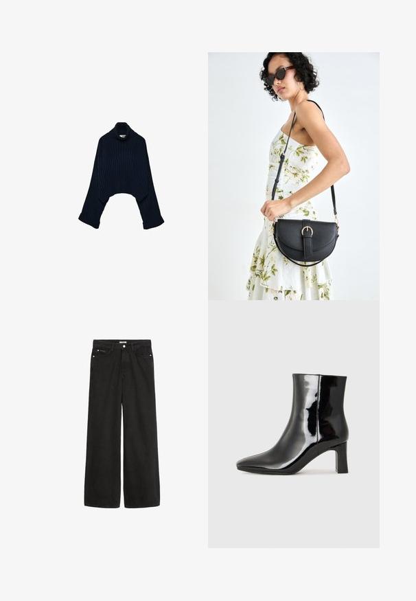 Dunkelblauer gerippter Rollkragenpullover mit einem cropped Design und weiten Ärmeln, der einen umgeschlagenen Kragen und gefaltete Bündchen aufweist. Weicher Stoff.; Schwarz denim Weitbein-Hose mit hoher Taille. Verfügt über fünf Taschen, Metallbeschläge und eine saubere Verarbeitung. Die Textur ist glatt und weich.; Schwarzer Lackleder-Stiefelette mit spitzer Zehe und einem mittelhohen Blockabsatz. Glatte Textur und minimalistisches Design.; Schwarze Lederhandtasche mit geschwungener Form, abnehmbarem Tragegurt und goldenen Beschlägen. Die Tasche verfügt über einen Deckel mit einer Schnallen-Details.