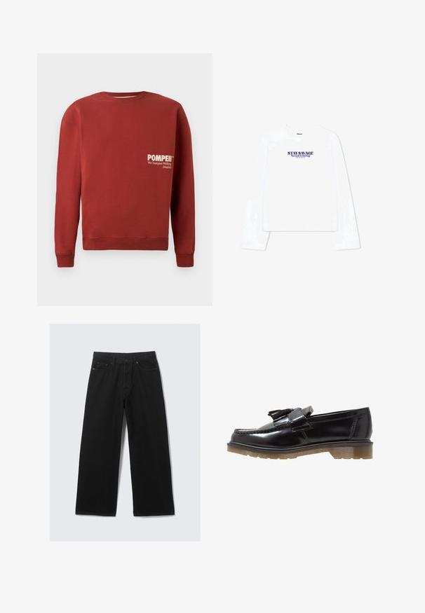Roter Pullover mit Rundhalsausschnitt, langen Ärmeln und gerippten Bündchen. Auf der Vorderseite befindet sich weißer Text: "POMPEII" und "We Champion Walking (Madrid)".; Weißes Langarm-T-Shirt mit Rundhalsausschnitt und cropped Design. In lila bedruckter Text: "STAY SAVAGE Normal ist langweilig."; Schwarze weit geschnittene Jeanshose aus Denim, ausgestattet mit einem klassischen Fünf-Taschen-Design und einem strukturierten Taillenbund mit Gürtelschlaufen.; Schwarze lackierte Lederloafers mit geflochtenem Design, Quastenakzent und einer klobigen, strukturierten Gummisohle. Die Seitenansicht zeigt die schlanke Silhouette.