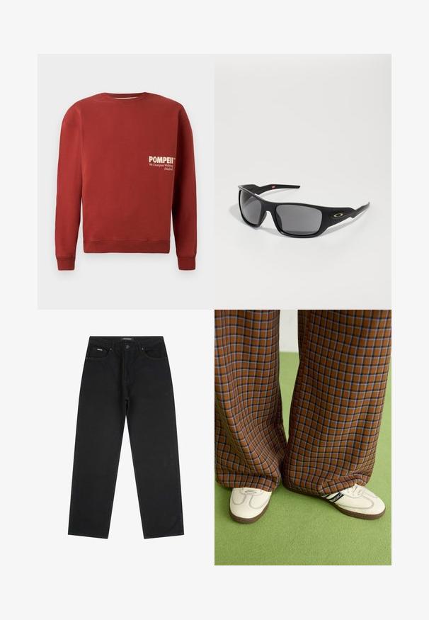 Rdeča majica s kapuco, okroglim ovratnikom, dolgimi rokavi in rebrastimi manšetami. Na sprednji strani ima belo besedilo: "POMPEII" in "Championiranje hoje (Madrid)".; Črne naravnost rezane kavbojke z gumbom in zadrgo spredaj, z zankami za pas in petimi žepi, položene na belo ozadje.; Rjave in modre kariraste hlače širokih nogavic, v kombinaciji z belimi čevlji, ki imajo črne poudarke in teksturirane podplate, na zeleni podlagi.; Črne sončne očala pravokotne oblike, narejene iz trdne plastike, z sivo toniranimi lečami in zlatim poudarkom ob strani.