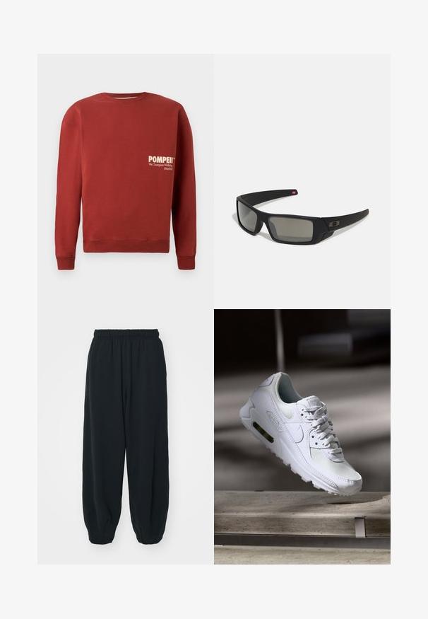 Roter Pullover mit Rundhalsausschnitt, langen Ärmeln und gerippten Bündchen. Auf der Vorderseite befindet sich weißer Text: "POMPEII" und "We Champion Walking (Madrid)".; Schwarze Sweatpants mit elastischem Bund, lockerer Passform, gerippten Beinabschlüssen, glatter Textur und ohne sichtbare Muster oder Hardware-Akzente.; Weiße Nike Air Max 90 Sneaker mit einem Obermaterial aus Mesh und Leder, durchlässigem Zehenbereich und einer sichtbaren Air-Einheit in der Ferse.; Schwarze Sonnenbrille mit matter Oberfläche, rechteckigen Gläsern, leichtem Bogen an den Schläfen, dezentem Logo-Detail und rauchgetönten Gläsern.
