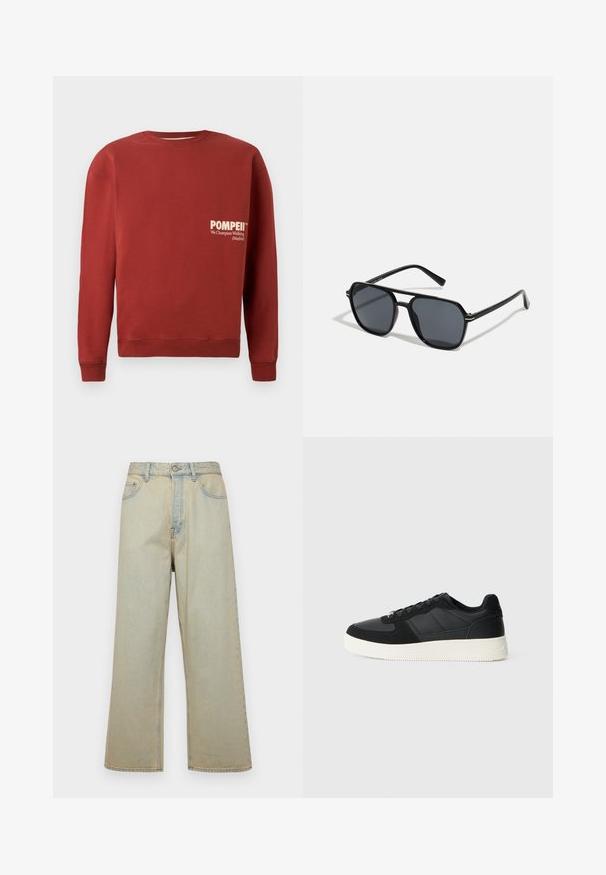 Κόκκινη μπλούζα με στρογγυλή λαιμόκοψη, μακριά μανίκια και ριπ ελαστικά μανίκια. Περιλαμβάνει άσπρο κείμενο: "ΠΟΜΠΗΙΟ" και "Διαφημίζουμε το Περπάτημα (Μαδρίτη)" μπροστά.; Απαλό μπλε φαρδύ τζιν παντελόνι κατασκευασμένο από τζιν με φθαρμένη εμφάνιση. Διαθέτει πέντε τσέπες και κλείσιμο μπροστά με κουμπί.; Μαύρο χαμηλό αθλητικό παπούτσι με υφή από δέρμα και σουέτ πάνελ, λευκή καουτσούκ σόλα και μαύρα κορδόνια σε απλή ανοιχτή υπόβαθρο.; Μαύρα γυαλιά ηλίου με οκταγωνικό σκελετό, σκούρους φακούς, γυαλιστερή φινίρισμα, λεπτά άκρα και χρυσές λεπτομέρειες μπροστά.
