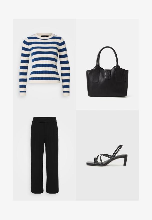 Vero Moda Petite VMCHILI O NECK STRIPE - Pulóver - birch/navy; Fekete, bőszárú nadrág sima anyagból, lapos elülső résszel, övhurkokkal és látható zsebek nélkül. Tiszta, igényesen szabott dizájn.; Fekete pántos szandál négyzetes orral és alacsony blokk sarkal. Több vékony pánttal és állítható boka pánttal rendelkezik. Sima bőrből készült.; Fekete bőr bevásárlótáska sima textúrával, strukturált formával, két fogantyúval és egy figyelemfelkeltő ezüst csattal az elején.