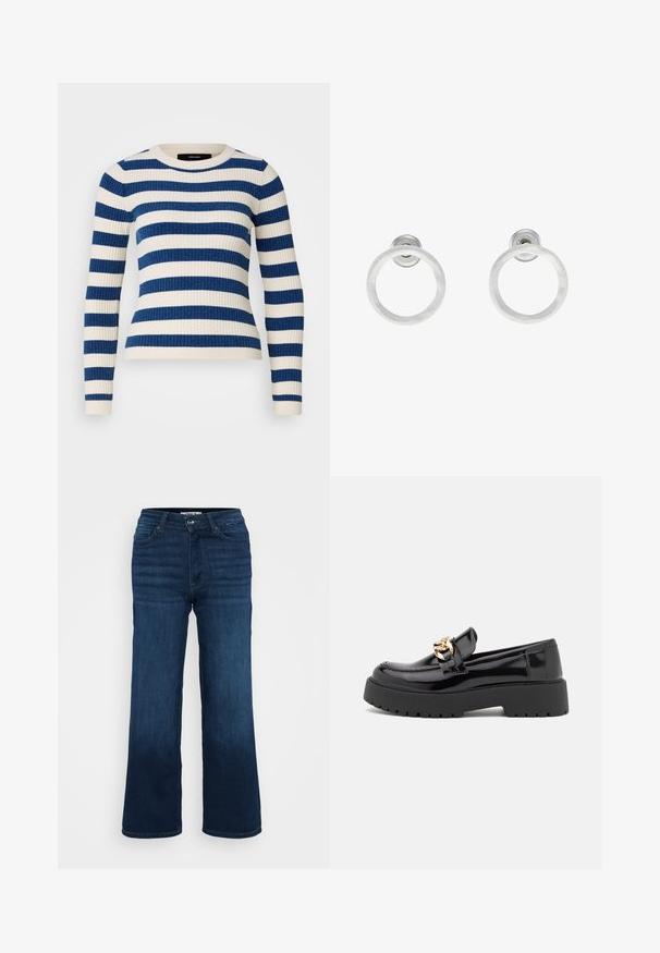 Vero Moda Petite VMCHILI O NECK STRIPE - Džemper - birch/navy; ONLY Petite ONLMADISON BLUSH WIDE - Wide leg - dark blue denim; Mustad musta läikiva nahaga loaferid, millel on jäme must tald ja kuldsed detailid. Sujuv tekstuur ja ümar varvaste disain.; Hõbedased metallist rõngastooted, millel on harjatud tekstuur, ümmargune disain ja selge tagumine post, tagamaks kindlat kandmist.