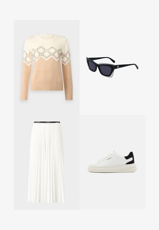 Maglione beige e crema con un motivo geometrico sulla spalla, dotato di un collo rotondo, polsini e orlo a coste. Morbida texture a maglia.; Gonna bianca plissettata con elastico nero in vita che presenta il logo "LACOSTE". Design di lunghezza media con texture morbida.; Sneaker bianchi in pelle con suola spessa bianca, accento in suede nero sul tallone e logo impresso sul lato. Design con lacci e sei fori per i lacci.; Occhiali da sole oversize neri dalla forma geometrica, con lenti scure e un dettaglio grigio a contrasto sulla montatura. Logo sul braccio.; Orecchini a cerchio in argento con una finitura liscia e lucente. Forma arrotondata, design leggero, con chiusura a perno.