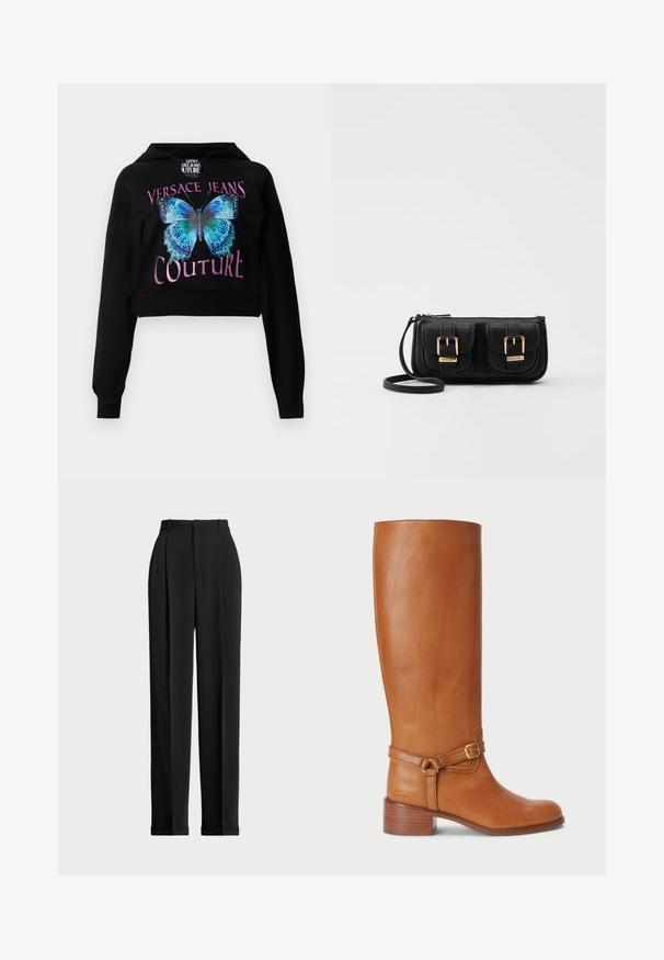 Hoodie cropped preto com um gráfico de borboleta azul e detalhes verdes. O texto diz "VERSACE JEANS COUTURE" em rosa metálico. Textura suave.; Calças pretas ajustadas com uma cintura alta, apresentando pregas na frente, um design de perna reta e bainha com punho. Feitas de tecido suave.; Botas altas de couro castanho com um acabamento suave, apresentando uma fivela lateral e um salto empilhado. A parte superior possui um design limpo e sem adornos.; Bolsa de ombro em couro preto com dois bolsos frontais, fivelas douradas, fecho de zíper e uma alça fina. Superfície texturizada e forma retangular compacta.