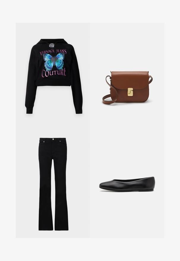 Hoodie cropped preto com um gráfico de borboleta azul e detalhes verdes. O texto diz "VERSACE JEANS COUTURE" em rosa metálico. Textura suave.; Calças pretas de ganga em corte flare, com dois bolsos frontais, fecho com botão e uma textura suave. Costura característica visível nas costuras.; Paul Smith TOPANGA - Sabrinas - black; Bolsa de couro castanho com fecho de aba, decoração em tom dourado, alça de ombro e textura suave. Formato retangular compacto.