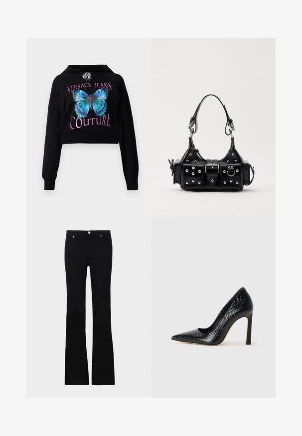 Hoodie cropped preto com um gráfico de borboleta azul e detalhes verdes. O texto diz "VERSACE JEANS COUTURE" em rosa metálico. Textura suave.; Calças pretas de ganga em corte flare, com dois bolsos frontais, fecho com botão e uma textura suave. Costura característica visível nas costuras.; Sapato de salto alto de bico fino preto com textura de pele de crocodilo, apresentando um design elegante, salto agulha alto e interior preto suave.; Bolsa de couro preta com um design curvado, apresentando tachas prateadas, uma fivela e dois bolsos laterais. Alça ajustável para opções de transporte.