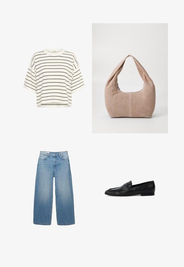 T-shirt blanc court en tissu doux, avec des rayures horizontales vert olive et un col rond avec de larges manches courtes.; Jean large bleu clair en denim, avec un design classique à cinq poches et une fermeture à bouton. Texture usée sur l'ensemble.; Mocassins en cuir noir avec un bout arrondi, des coutures à l'avant et une semelle plate. Design minimaliste avec un accent de logo subtil.; Sac hobo en matériau suédé doux de couleur beige clair. Présente une forme arrondie avec une large sangle et une fermeture éclair.