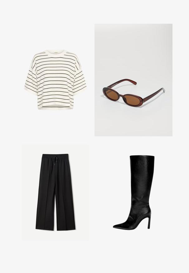 Bílý zkrácený tričko vyrobené z měkké látky, s vodorovnými olivově zelenými pruhy a kulatým výstřihem s širokými krátkými rukávy.; Černé kalhoty s širokými nohavicemi vyrobené z měkké látky. Mají elastický pas se šňůrkou a dvě postranní kapsy. Rovný přední díl s sklady.; Černý kožený vysoký nerozšířený bot s špičatou špičkou, vysokým stiletto podpatkem, hladkým povrchem a jednoduchým, elegantním designem bez zdobení.; Kulaté sluneční brýle hnědé barvy s lesklým burgundským rámem. Úzké nožičky s jemným logem. Rovné čočky.; Černá kožená kabelka s pevnou strukturou, horními držadly, hladkou texturou, zlatým kováním a přední sponou. Na spodní části je značka.