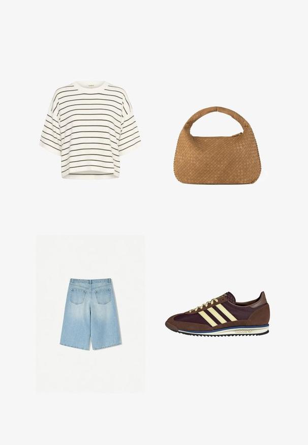 Hvid cropped T-shirt lavet af blødt stof, med vandrette olivengrønne striber og en rund hals med brede korte ærmer.; Lyseblå denimshorts med en afslappet pasform, der har to baglommer og en lige ben design. Ren kant og blød tekstur.; Brune og bordeaux sneakers lavet af ruskind og mesh-materialer, med tre cremefarvede striber, tekstureret stof på tungen, og en gummisål.; Vævet tan håndtaske med et rundt håndtag, fremstillet af blødt læder. Har en lynlåslukning og et intrikat kurvmønster.
