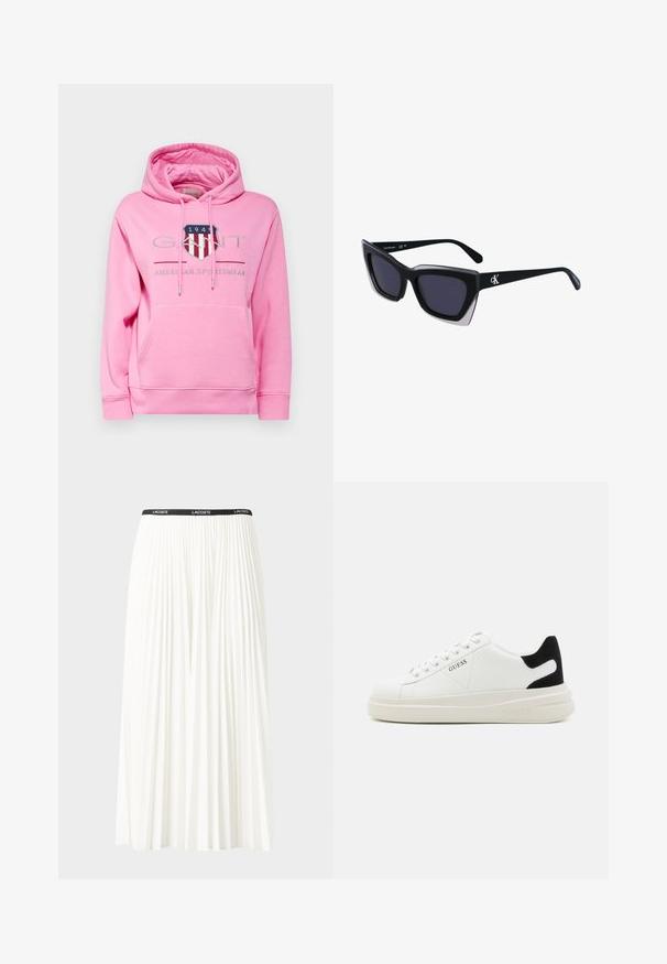 GANT ARCHIVE SHIELD HOODIE - Huppari - candy pink; Hame valkoinen pliseerattu hame mustalla joustavalla vyötäröhihnalla, jossa on "LACOSTE"-logo. Puolipitkä malli pehmeällä tekstuurilla.; Valkoiset nahkakengät paksulla valkoisella pohjalla, mustalla mokkanahkaosuudella kannassa ja kohokuvioitu logo sivulla. Nauhakeskitys kuudella reiällä.; Mustat ylisuuret aurinkolasit, joissa on geometrinen muoto, tummat linssit ja kehykseen erottuva harmaa yksityiskohta. Logo varressa.