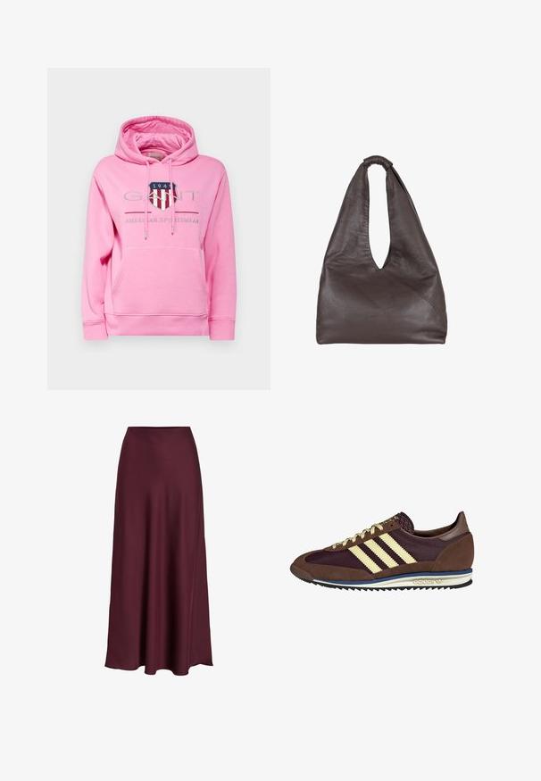 GANT ARCHIVE SHIELD HOODIE - Sweatshirt - candy pink; Jupe maxi en satin bourgogne avec une texture lisse, taille haute et une silhouette fluide qui s'évasent doucement vers l'ourlet.; Baskets marron et bordeaux avec des matériaux en daim et en maille, présentant trois rayures crème, un tissu texturé sur la languette et une semelle en caoutchouc.; Sac en cuir marron avec un design ample et décontracté. Équipé d'une poignée en boucle et d'une ouverture en V profonde pour un accès facile. Texture douce, style minimaliste.
