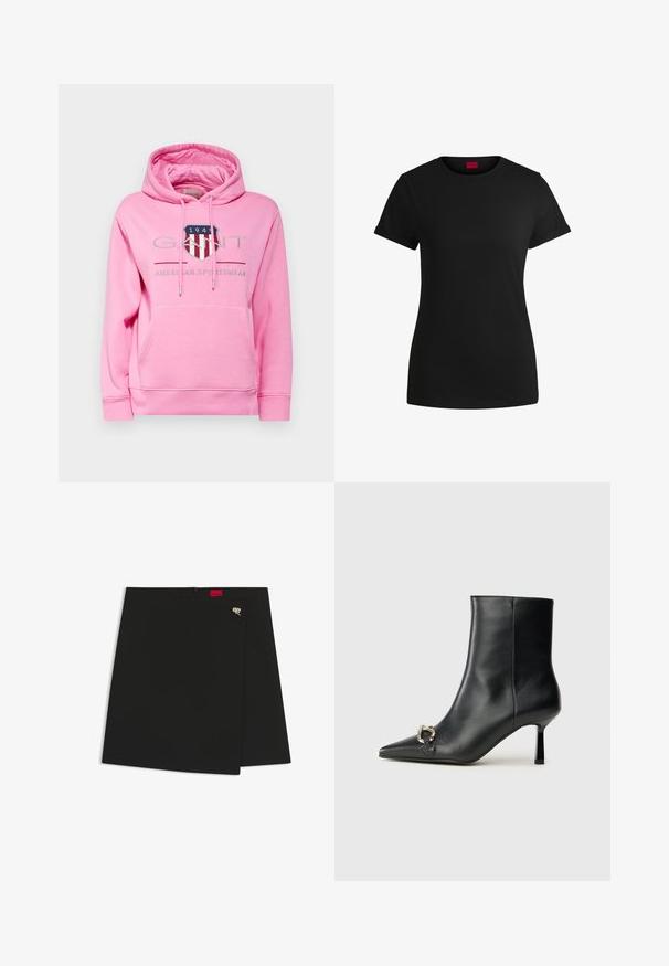 GANT ARCHIVE SHIELD HOODIE - Huppari - candy pink; Mustapaita, jossa on lyhyet käärityt hihat, pyöreä kaula-aukko ja punainen etiketti. Sileä pinta, istuva muoto ja minimaalinen yksityiskohtaisuus.; Mustapukuiset kietaisuhame, jossa on sileä rakenne. Varustettu punaisella logotagilla ja hopeisella yksityiskohdalla. Yksinkertainen muotoilu ja siisti leikkaus.; Musta nahkasaapas nilkkapituisilla, terävillä kärjillä, hoikalla keskipituisella korolla ja hopeavöillä sivussa yksinkertaista taustaa vasten.