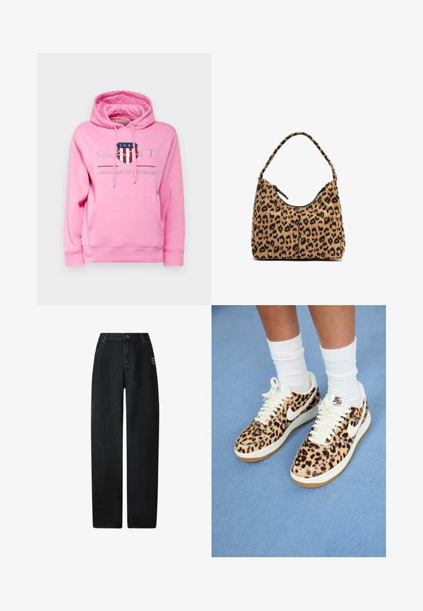 GANT ARCHIVE SHIELD HOODIE - Collegepaita - candy pink; Musta denimi leveälahkeiset farkut korkealla vyötäröllä, joissa on viiden taskun muotoilu ja pieni brodeerattu yksityiskohta etuosassa.; Tennarit Nike Air Force 1 leopardikuosisella printillä, joissa on valkoiset nauhat ja swoosh, täynnä vaaleaa kumista ulkopohjaa ja teksturoitua yläosaa. Valkoiset hienot sukat näkyvissä.; Käsilaukku leopardikuosisena, jossa on kaareva kahva, valmistettu pehmeästä kankaasta. Laukussa on ylhäältä vetoketjusulku ja mustat yksityiskohdat reunoilla.
