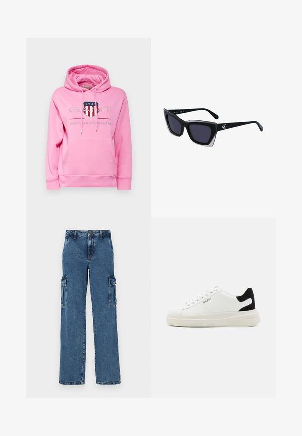 GANT ARCHIVE SHIELD HOODIE - Hoodie - candy pink; Blauwe denim cargo broek met een ontspannen pasvorm, voorzien van twee zijzakken, versterkte stiksels en een recht gesneden ontwerp.; Witte leren sneakers met een dikke witte zool, zwarte suède hielaccent en een geperst logo op de zijkant. Vetersluiting met zes oogjes.; Zwarte oversized zonnebril met een geometrische vorm, voorzien van donkere glazen en een contrasterend grijs detail op het montuur. Logo op de arm.