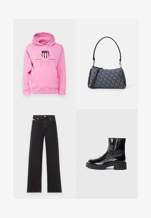 GANT ARCHIVE SHIELD HOODIE - Sweatshirt - candy pink; Jeans noirs à jambes larges en denim, avec une taille haute, une coupe à cinq poches et une fermeture à bouton en métal avec des coutures contrastantes.; Bottines noires avec une finition en cuir verni brillant, semelle en caoutchouc noir épaisse et talon surélevé ; inclut un détail de logo subtil sur le côté.; Sac à main en tissu à motif bleu, présentant une forme courbée, une sangle en cuir noir et un design de logo dans une teinte plus claire.