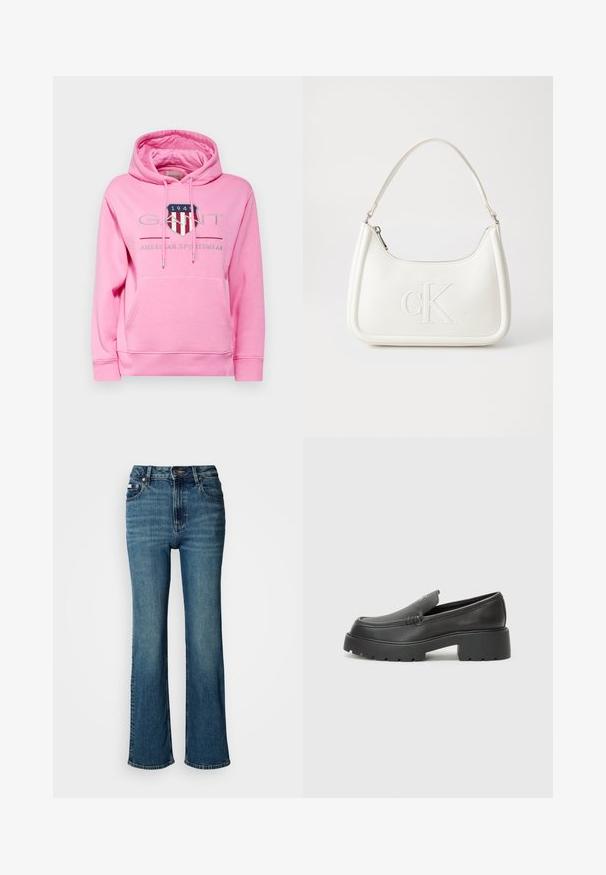 GANT ARCHIVE SHIELD HOODIE - Sportinis megztinis - candy pink; Aukštai juosmeniu mėlyni džinsai iš denimo, turintys tiesaus kirpimo dizainą, švelnų blukimą ir standartinį mygtuko bei užtrauktuko uždarymą.; Juodi odiniai loaferiai su apvaliu pirštu, storu tekstūruotu padu ir minimaliu siūlių dekoru. Išskirtinis dizainas be matomų raištelių ar furnitūros.; Balta odinė rankinė su išlenkta forma, su reljefiniu "CK" logotipu priekyje ir viena petneša. Užtrauktuko uždarymas viršuje.
