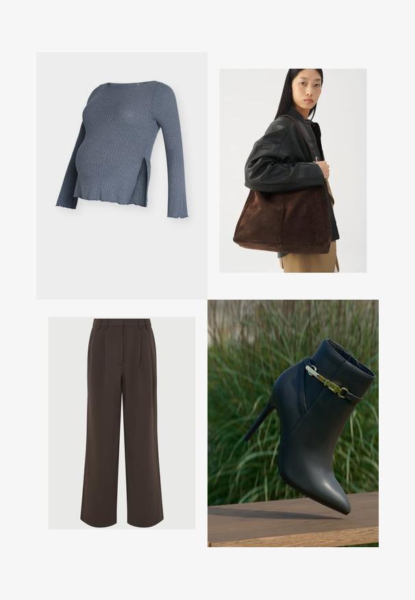 Grijs geribd zwangerschaps-tshirt met lange mouwen, voorzien van zijsplitten en een gebogen zoom. Zachte stof met een getextureerd uiterlijk.; Bruine wijde broek van soepel materiaal. Heeft plooien aan de voorkant en een op maat gemaakte tailleband met riemlussen voor aanpassing.; Zwarte high-heeled enkelboot met spitse neus en gouden gespdetails, weergegeven op een houten oppervlak met een achtergrond van groene bladeren.; Bruine suède tote bag met een brede vorm en zachte textuur, voorzien van een enkele schouderband en minimale hardware tegen een neutrale achtergrond.