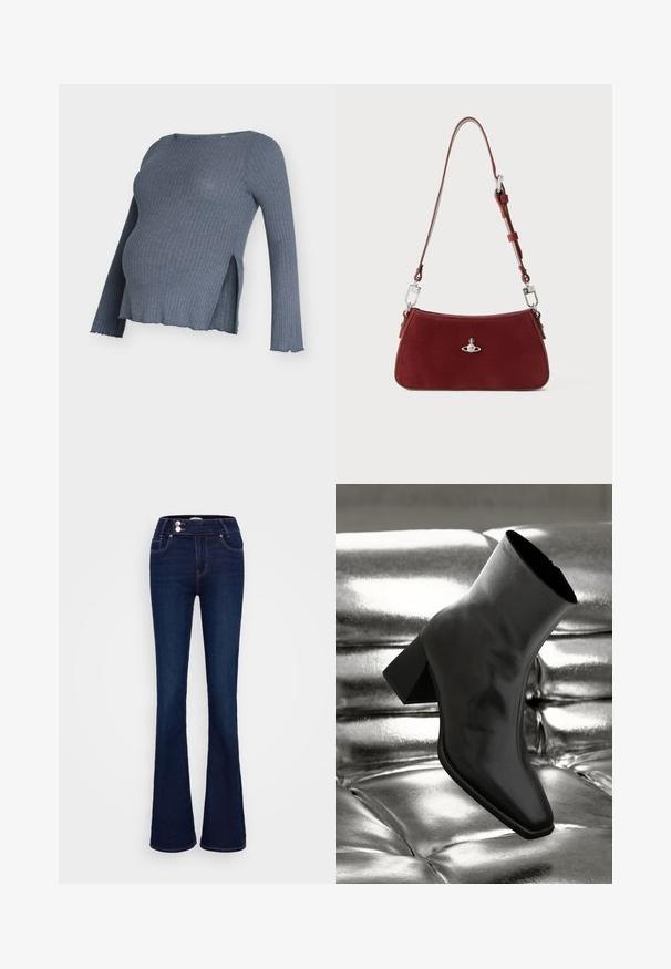 Top gris de maternidad con textura acanalada y mangas largas, con aberturas laterales y dobladillo curvado. Tela suave con apariencia texturizada.; Jeans acampanados de color azul marino con una cintura alta, dos bolsillos delanteros y dos cierres de botón. Fabricados en denim con una textura suave.; Botín negro de tobillo hecho de material brillante, con punta cuadrada y tacón cónico, contra un fondo plateado brillante con almohadillado.; Bolso de hombro de ante rojo con forma curvada. Presenta un acento en tono plateado y una correa ajustable con detalles de herrajes. Textura suave.