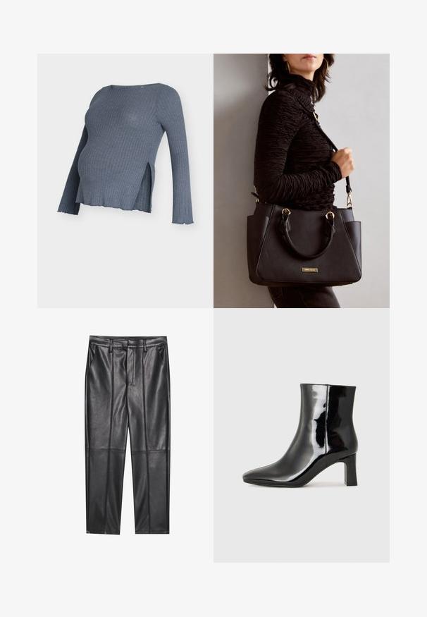 Grå ribbestrikket mammatopp med lange ermer, sideåpninger og buet kant. Mykt stoff med teksturert utseende.; Sorte lærbukser med en glat tekstur, der har en lige pasform, to forlommer og synlige sømdetaljer.; Sorte patentlær ankle boot med spiss tå og en mellomhøy blokkhelt. Glatt tekstur og minimalistisk design.; Svart håndveske med teksturert overflate, doble topphåndtak og justerbar skulderrem. Har detaljer i gulltone og sidelommer.