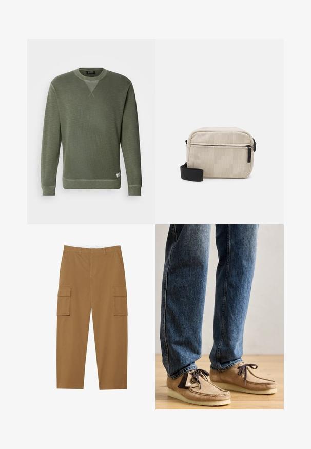 Groene sweatshirt gemaakt van textuurstof, met een ronde halslijn, lange mouwen en een klein merklabel aan de onderkant links.; Bruine cargobroek met twee zijzakken, een vlakke voorkant en een rechte pijp. Gemaakt van een duurzame stof met een gladde textuur.; Suède mocassins in tan met een donkerbruin accent, ronde neus en een zachte witte zool. Beschikt over een vetersluiting en gestikte details.; Crème-kleurige corduroy schoudertas met een zwarte rits, afneembare schouderband en een gestructureerd patroon. Bevat één hoofdcompartiment en een voorvak.