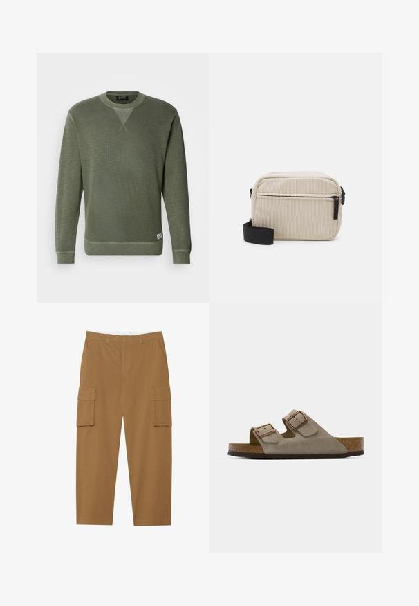 Sweat-shirt vert en tissu texturé, avec un col rond, des manches longues et une petite étiquette de marque en bas à gauche.; Pantalons cargo marron avec deux poches latérales, une taille plate et une coupe droite. Fabriqués en tissu durable avec une texture lisse.; Sandale à glissière en suède de couleur gris clair, dotée de deux boucles réglables, d'une semelle intermédiaire en liège et d'une semelle extérieure en caoutchouc texturé.; Sac à bandoulière en velours côtelé crème avec une fermeture éclair noire, une sangle amovible et un motif texturé. Il dispose d'un compartiment principal et d'une poche avant.