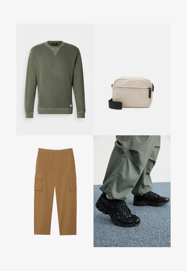 Grüner Sweatshirt aus strukturiertem Material, mit rundem Ausschnitt, langen Ärmeln und einem kleinen Markenschild unten links.; Braune Cargo-Hosen mit zwei Seitentaschen, flachem Vorderteil und geradem Beinansatz. Hergestellt aus einem strapazierfähigen Stoff mit glatter Textur.; Schwarze Sport-Sneaker mit glänzenden und Netztexturen, ausgestattet mit einer dicken Sohle und Schnürsenkeln, kombiniert mit lässigen, olivgrünen Cargo-Hosen.; Cremfarbener Corduroy-Crossbody-Beutel mit einem schwarzen Reißverschluss, abnehmbarem Tragegurt und strukturiertem Muster. Verfügt über ein Hauptfach und eine Fronttasche.