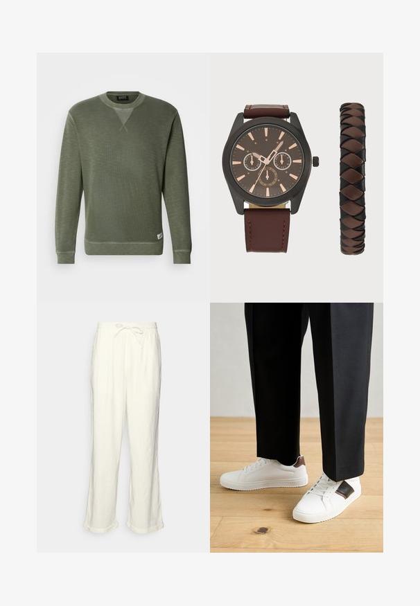 Grøn sweatshirt lavet af tekstureret stof, med rund halsudskæring, lange ærmer og et lille mærke nederst til venstre.; Linnedbukser i off-white med snoreliv, let brede ben og opsmøgede manchetter til en afslappet pasform. Ingen lommer.; Hvide sneakers med glat tekstur, prydet med brune læderdetaljer og sorte detaljer, sammen med sorte skræddersyede bukser. Baggrund med trægulv.; Pier One SET - Ure - black/brown
