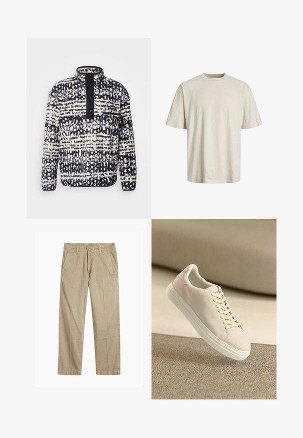 Columbia HELVETIA - Pulover din fleece - black; Tricou din bumbac cu guler rotund, în nuanță albă, cu mâneci scurte, croială lejeră și o textură fină, ușoară.; Chino bej cu picior drept, cu bucle pentru curea, închidere cu nasture și fermoar în față, și buzunare laterale înclinate.; Tenis bej din suede cu talpă și șireturi albe, prezentat flotând deasupra unei mochetă texturate bej, pe un fundal moale bej.