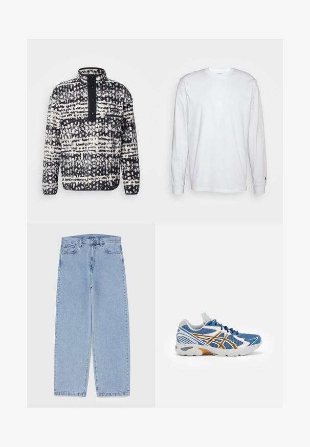 Columbia HELVETIA - Fleecová mikina - black; Bílá dlouhá tričko s dlouhými rukávy vyrobené z bavlny. Design s kulatým výstřihem, žebrované manžety a malé logo na levém rukávu. Hladká textura.; Světle modré džíny s rovnými nohavicemi, středním pasem, pěti kapsami a zapínáním na knoflík a zip.; Modré sportovní boty s síťovaným svrškem, bílými a oranžovými akcenty, vysoce odpruženou mezipodešví a texturovanou gumovou podrážkou. Obsahují šněrování.